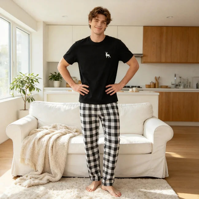 【Man】Men's Pajama Set, Deer Print Short-Sleeve Top and Plaid Long Pants Loungewear, 1 Top + 1 Pair of Pants, Suitable for Cool Weather