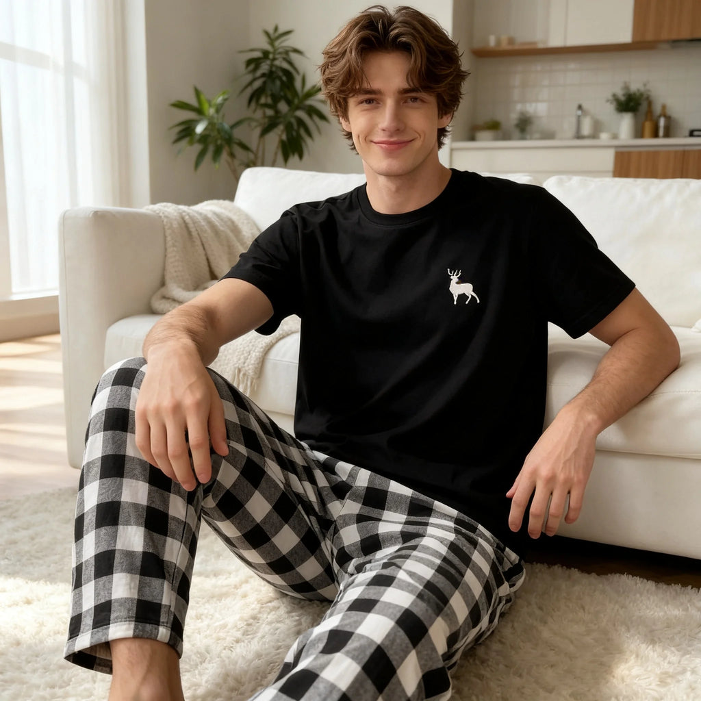 【Man】Men's Pajama Set, Deer Print Short-Sleeve Top and Plaid Long Pants Loungewear, 1 Top + 1 Pair of Pants, Suitable for Cool Weather