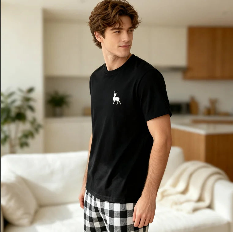 【Man】Men's Pajama Set, Deer Print Short-Sleeve Top and Plaid Long Pants Loungewear, 1 Top + 1 Pair of Pants, Suitable for Cool Weather