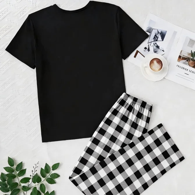 【Man】Men's Pajama Set, Deer Print Short-Sleeve Top and Plaid Long Pants Loungewear, 1 Top + 1 Pair of Pants, Suitable for Cool Weather
