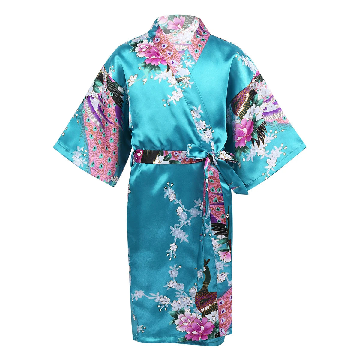 Girls Satin Kimono Robe Kids Sleepwear Peacock Flower Printed Children Bathrobe Nightgown Robe For Spa Party Wedding Birthday