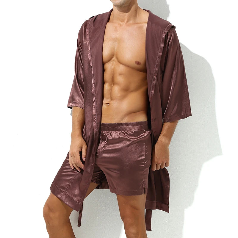 Men Bathrobes Summer Short Sleeve Homewear Silk Pajamas Bathrobe Mens Robes Sleepwear