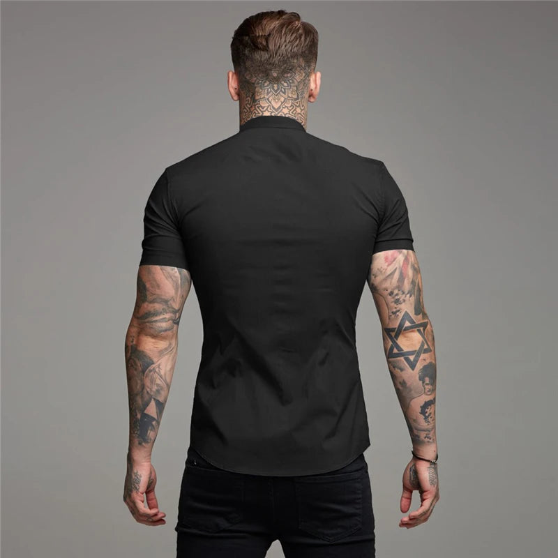 Mens Casual Broadcloth Shirt Summer Slim Fit Short Sleeve Plain Dress Shirt for Gym Business Social