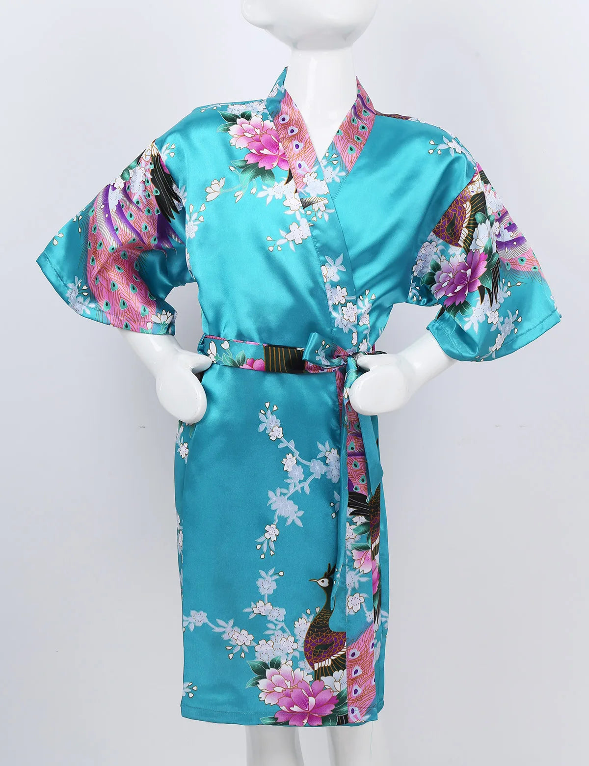 Girls Satin Kimono Robe Kids Sleepwear Peacock Flower Printed Children Bathrobe Nightgown Robe For Spa Party Wedding Birthday