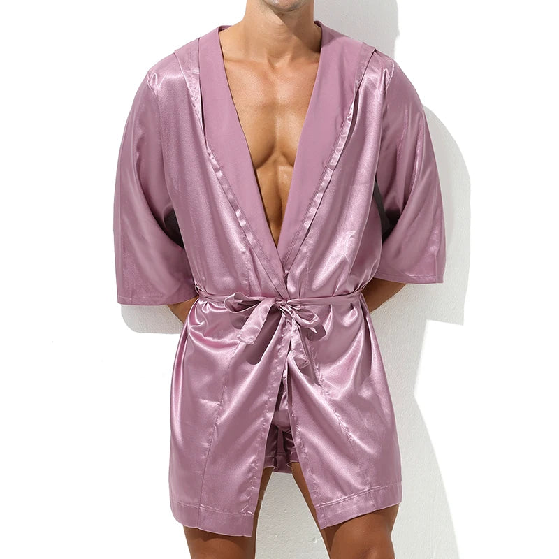Men Bathrobes Summer Short Sleeve Homewear Silk Pajamas Bathrobe Mens Robes Sleepwear