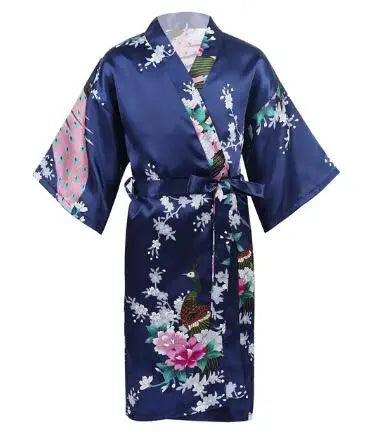 Girls Satin Kimono Robe Kids Sleepwear Peacock Flower Printed Children Bathrobe Nightgown Robe For Spa Party Wedding Birthday
