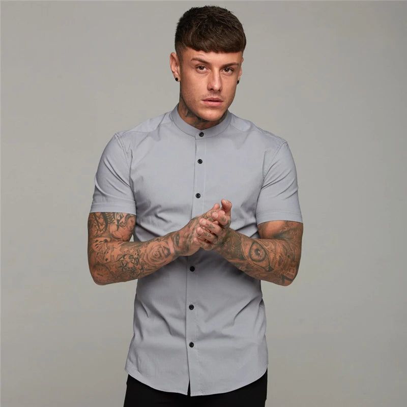 Mens Casual Broadcloth Shirt Summer Slim Fit Short Sleeve Plain Dress Shirt for Gym Business Social