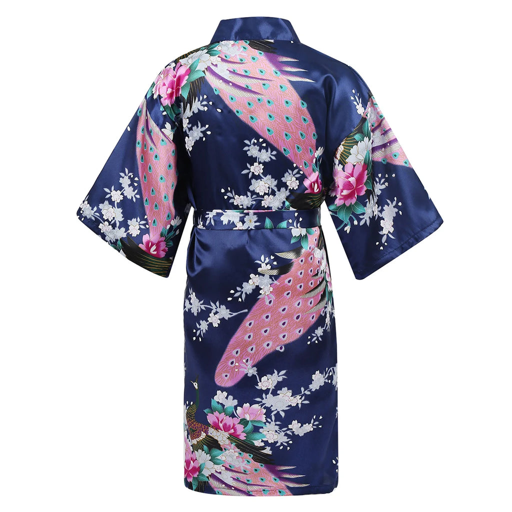 Girls Satin Kimono Robe Kids Sleepwear Peacock Flower Printed Children Bathrobe Nightgown Robe For Spa Party Wedding Birthday