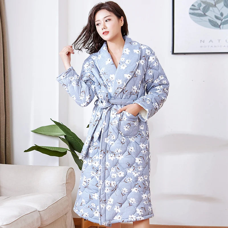 Peignoir Homme Women Robe Winter Warm Cotton Quilted Women's Bathrobe Nightgown Dressing Gown Sleepwear Female Home Clothing