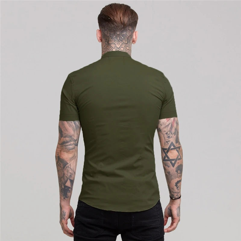Mens Casual Broadcloth Shirt Summer Slim Fit Short Sleeve Plain Dress Shirt for Gym Business Social