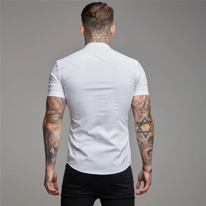 Mens Casual Broadcloth Shirt Summer Slim Fit Short Sleeve Plain Dress Shirt for Gym Business Social