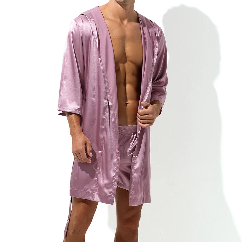 Men Bathrobes Summer Short Sleeve Homewear Silk Pajamas Bathrobe Mens Robes Sleepwear