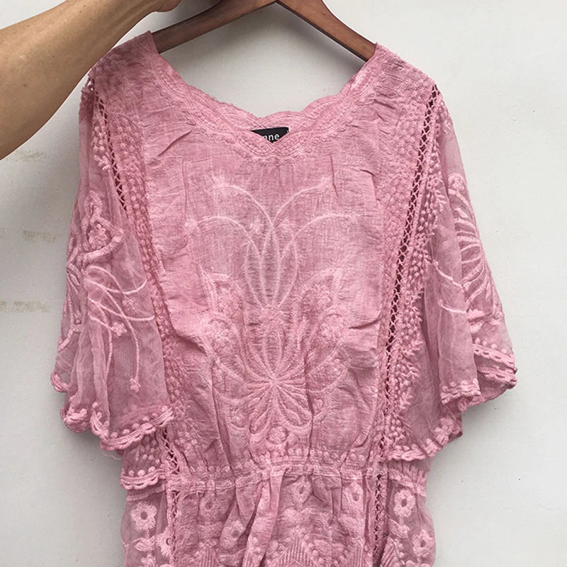 Women's Blouse Summer Fashion Elegant Women's Chiffon Shirt Hollow Out Three Quarter Shirts Butterfly Flower Lady Tops Clothing