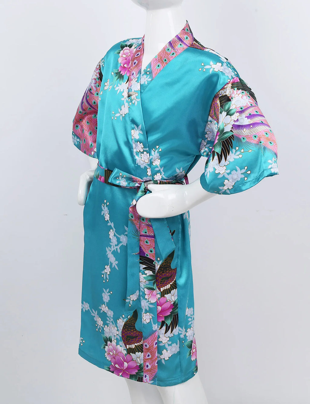 Girls Satin Kimono Robe Kids Sleepwear Peacock Flower Printed Children Bathrobe Nightgown Robe For Spa Party Wedding Birthday