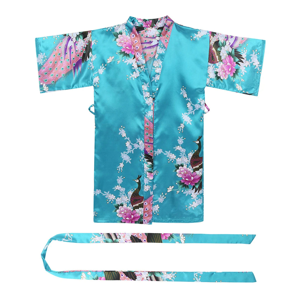 Girls Satin Kimono Robe Kids Sleepwear Peacock Flower Printed Children Bathrobe Nightgown Robe For Spa Party Wedding Birthday