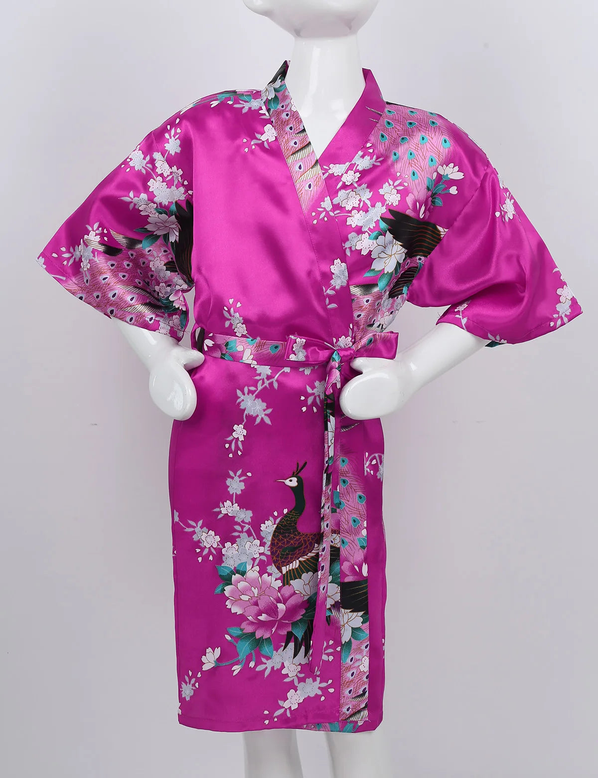 Girls Satin Kimono Robe Kids Sleepwear Peacock Flower Printed Children Bathrobe Nightgown Robe For Spa Party Wedding Birthday