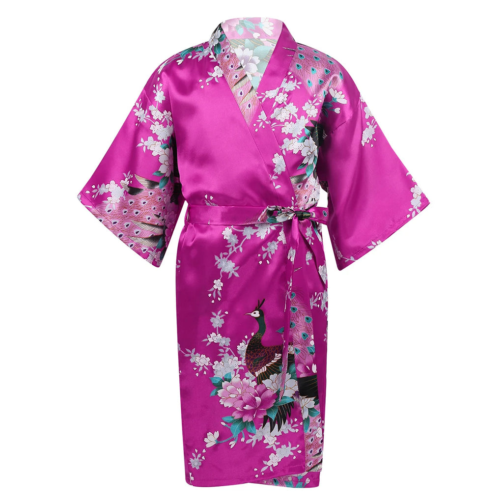 Girls Satin Kimono Robe Kids Sleepwear Peacock Flower Printed Children Bathrobe Nightgown Robe For Spa Party Wedding Birthday