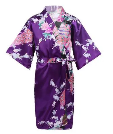 Girls Satin Kimono Robe Kids Sleepwear Peacock Flower Printed Children Bathrobe Nightgown Robe For Spa Party Wedding Birthday
