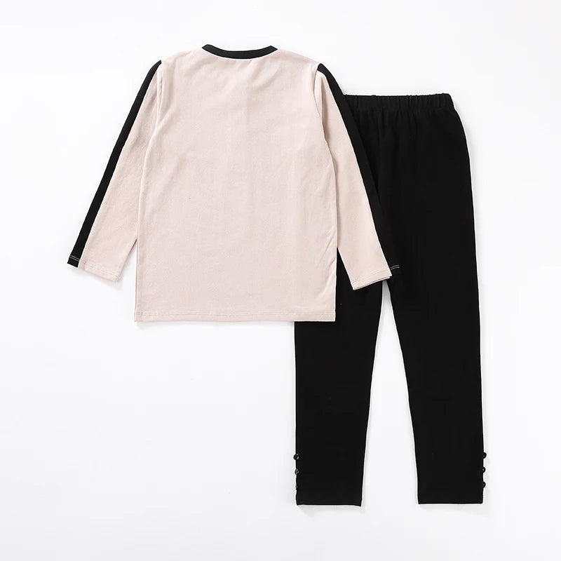Children Clothes 2pcs Set Long Top and Pants Children Casual Set with Front Opening Cotton Kids Clothes Black Patches Sleeves