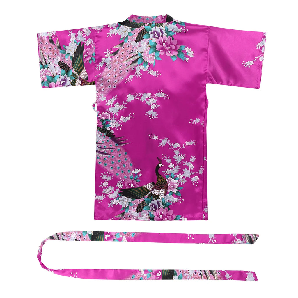 Girls Satin Kimono Robe Kids Sleepwear Peacock Flower Printed Children Bathrobe Nightgown Robe For Spa Party Wedding Birthday