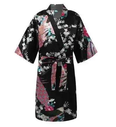 Girls Satin Kimono Robe Kids Sleepwear Peacock Flower Printed Children Bathrobe Nightgown Robe For Spa Party Wedding Birthday