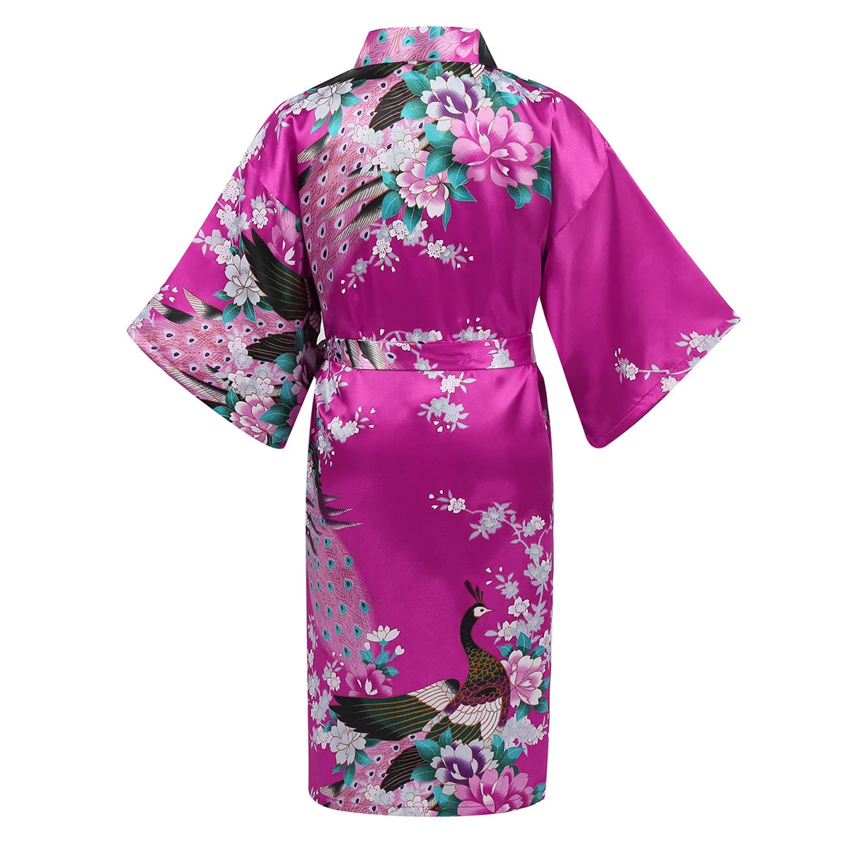 Girls Satin Kimono Robe Kids Sleepwear Peacock Flower Printed Children Bathrobe Nightgown Robe For Spa Party Wedding Birthday