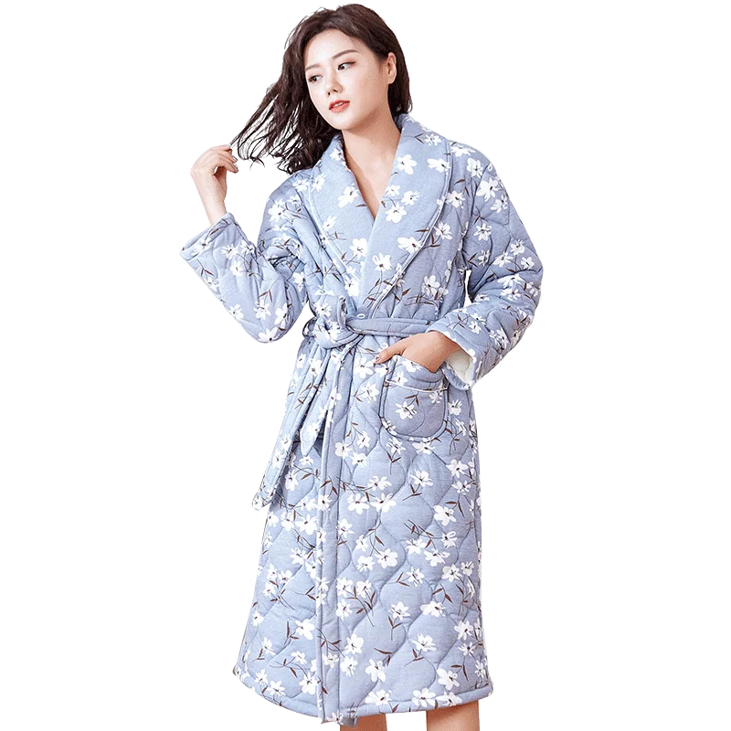 Peignoir Homme Women Robe Winter Warm Cotton Quilted Women's Bathrobe Nightgown Dressing Gown Sleepwear Female Home Clothing