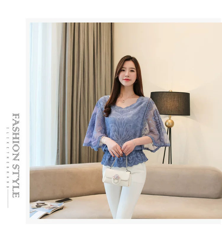 Women's Blouse Summer Fashion Elegant Women's Chiffon Shirt Hollow Out Three Quarter Shirts Butterfly Flower Lady Tops Clothing