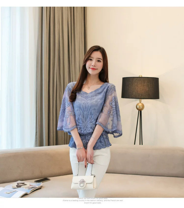 Women's Blouse Summer Fashion Elegant Women's Chiffon Shirt Hollow Out Three Quarter Shirts Butterfly Flower Lady Tops Clothing