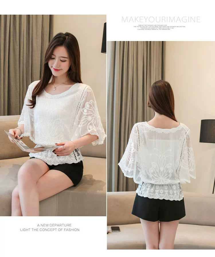 Women's Blouse Summer Fashion Elegant Women's Chiffon Shirt Hollow Out Three Quarter Shirts Butterfly Flower Lady Tops Clothing