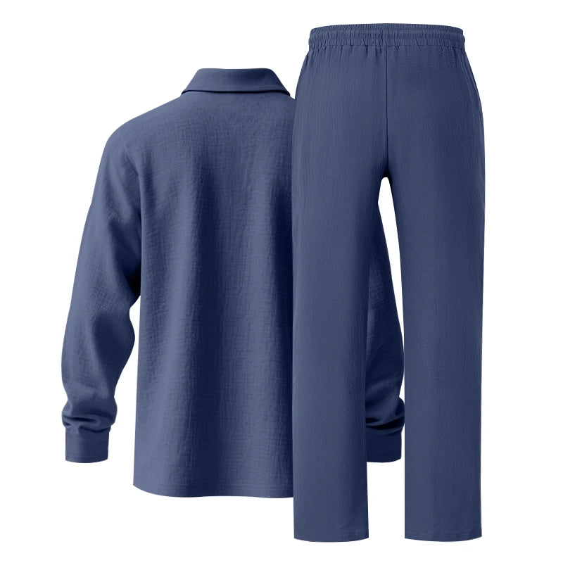 Men's Clothing Set Linen Two-Piece Set: Long-Sleeve Polo Shirt and Straight-Leg Pants Set, Casual Beach Sportswear