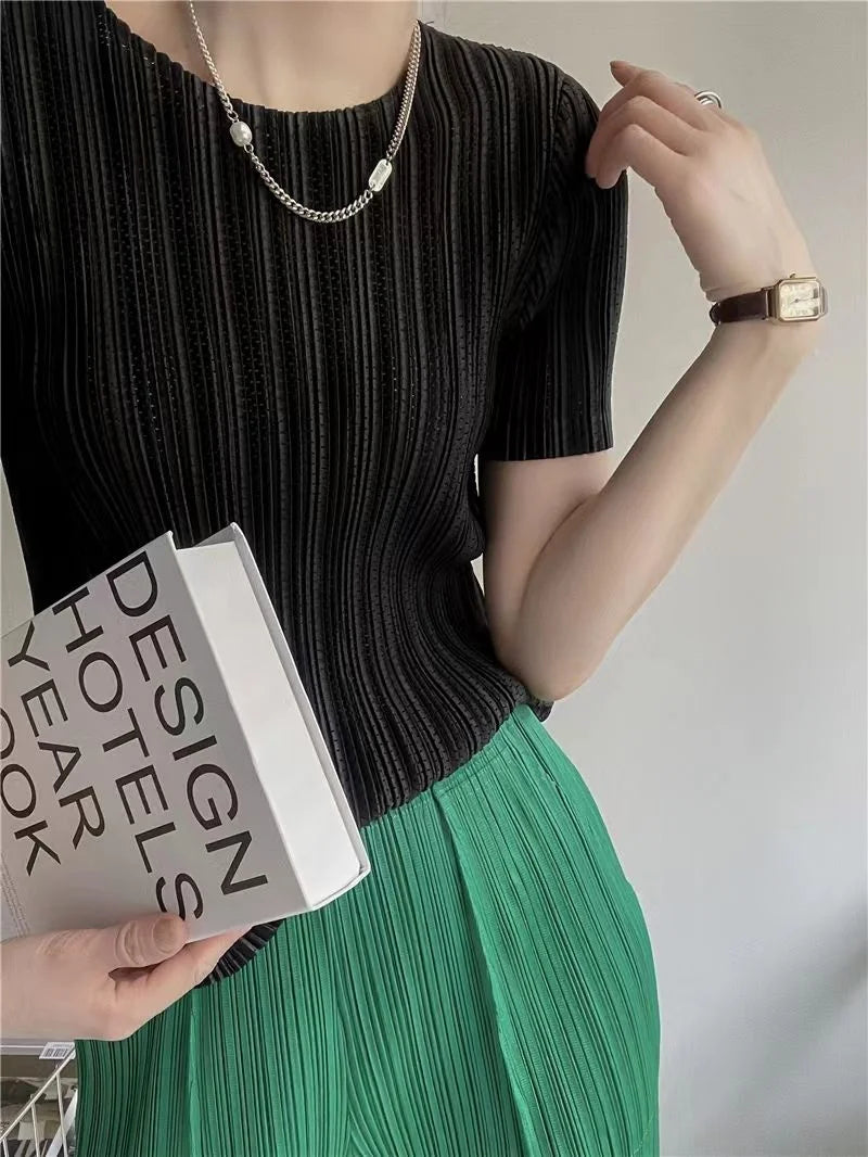 Woman Clothing  Top Women Miyake Pleated Short-sleeved Female Summer Thin Elastic Round Neck Joker Slim Pleated Hollow T-shirt