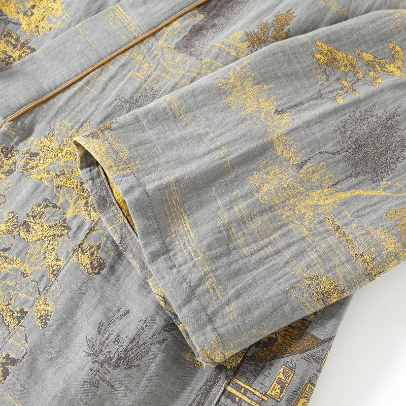 Men's Roomwear Cotton Kimono Pajamas Robes for Spring Jacquard Printed Home Clothing Medium Length Oversized Breathable Bathrobe