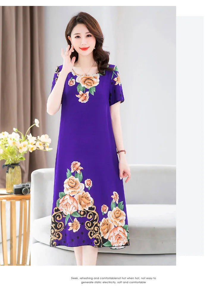 New Summer Home Clothing For Middle-aged Mothers Short Sleeve Sleepwear Dress Cotton Rayon Long Nightdress Women Nightgowns 5XL