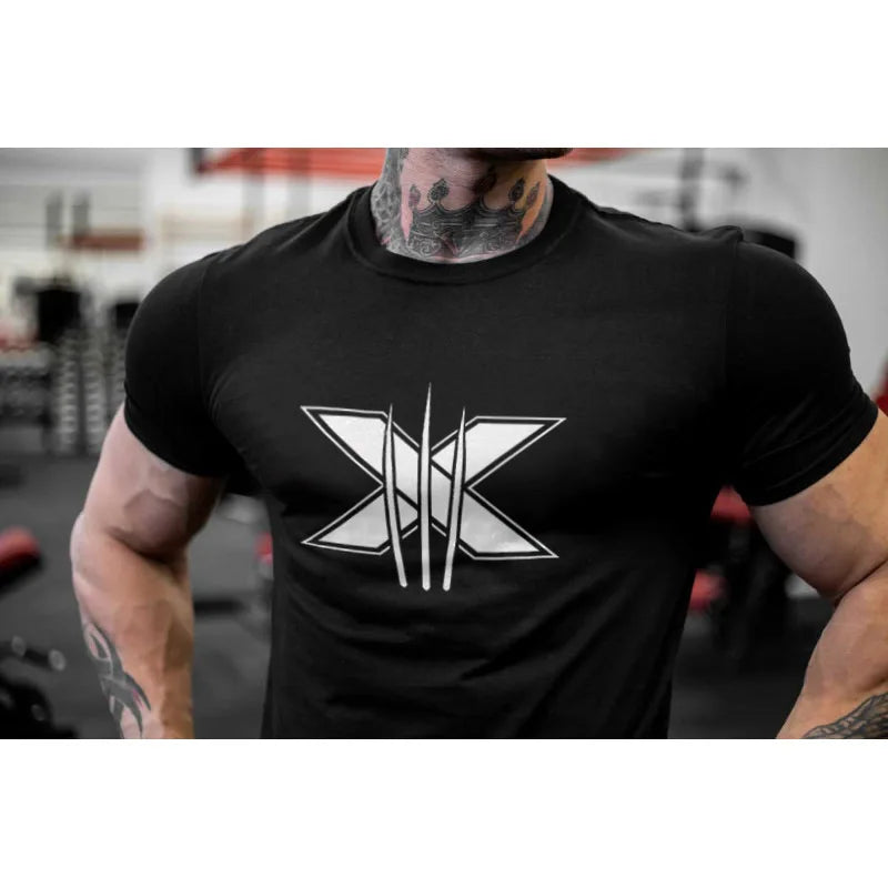 Men's Gym Fitness Clothing Man Cotton Sports Short Sleeve T-shirt Running Training Slim Printed Shirt Sweatshirt Casual Tops
