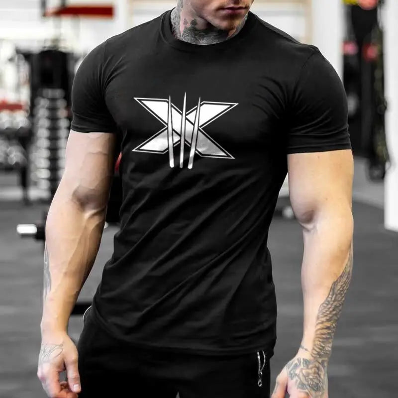 Men's Gym Fitness Clothing Man Cotton Sports Short Sleeve T-shirt Running Training Slim Printed Shirt Sweatshirt Casual Tops