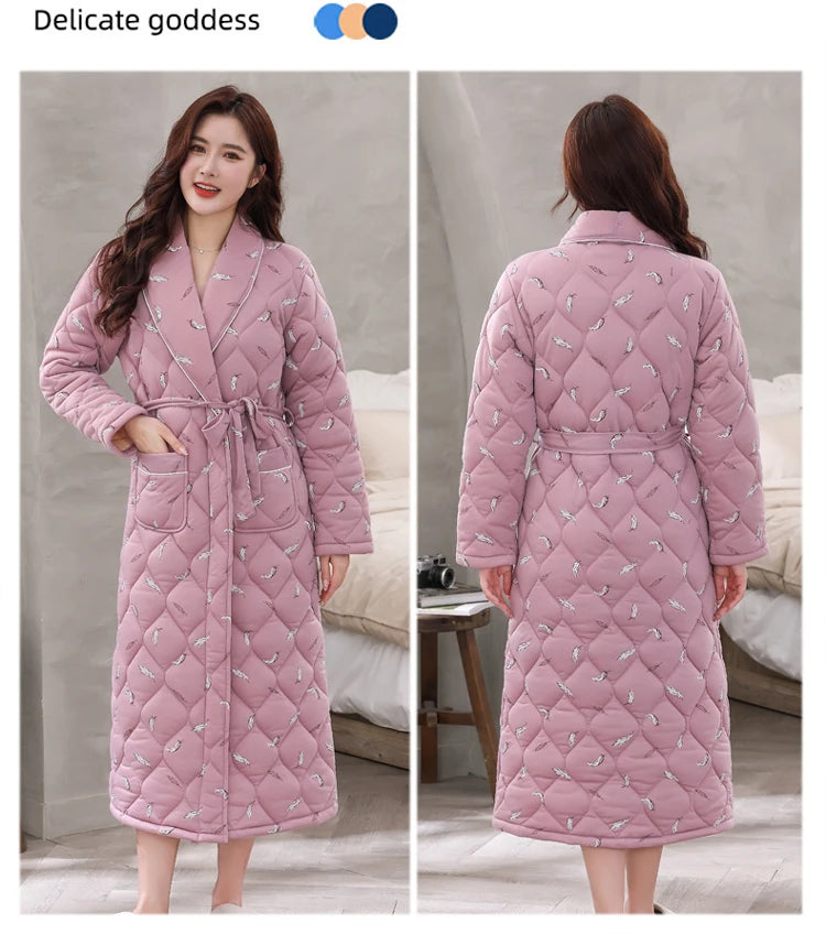 Peignoir Homme Women Robe Winter Warm Cotton Quilted Women's Bathrobe Nightgown Dressing Gown Sleepwear Female Home Clothing