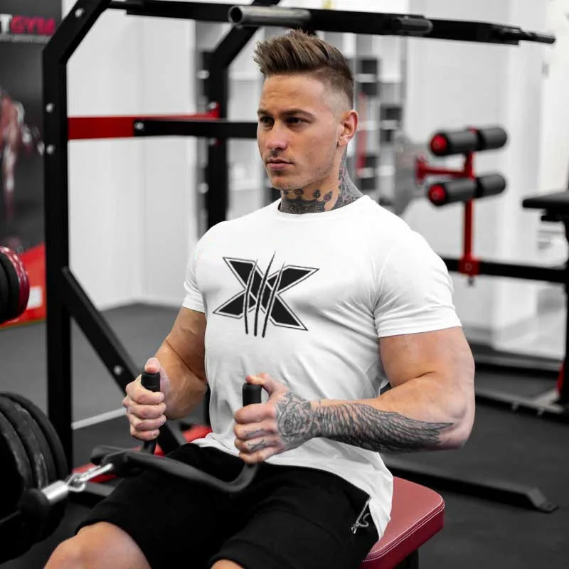 Men's Gym Fitness Clothing Man Cotton Sports Short Sleeve T-shirt Running Training Slim Printed Shirt Sweatshirt Casual Tops