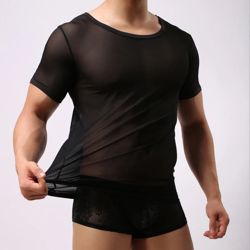 Mens T-shirt Sexy Transparent Sheer Mesh Breathable Underwear See Through Short Sleeve Undershirt Fitness Casual Tops Tees