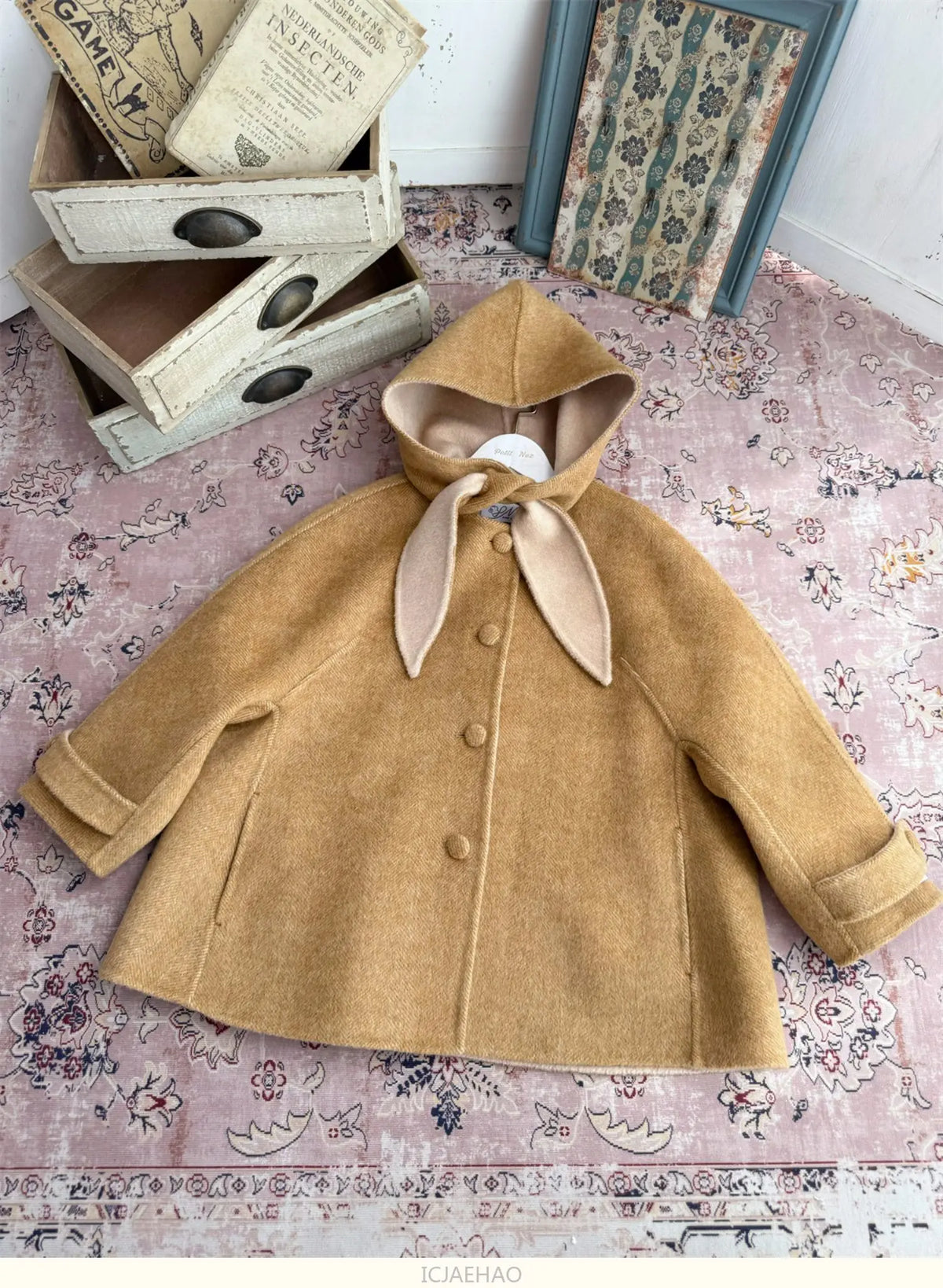 Teen Girl Clothes 2025 Children Wool Double Faced Girls Coat Clothes Kids Herringbone Outerwear Costumes Hooded Cape Handmade