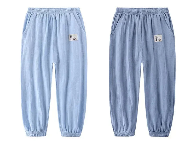 Children Trousers For Boys Girls Cotton Linen Elastic Waist Solid Color Summer Mosquito Pants Kids Clothing Long Pants 100-160cm