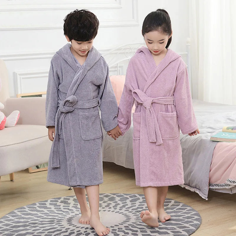 Children Bathrobe 100% Cotton Thickened Soft Hooded Belted Towel Robe for Boys Girls Aged 2-12 Years