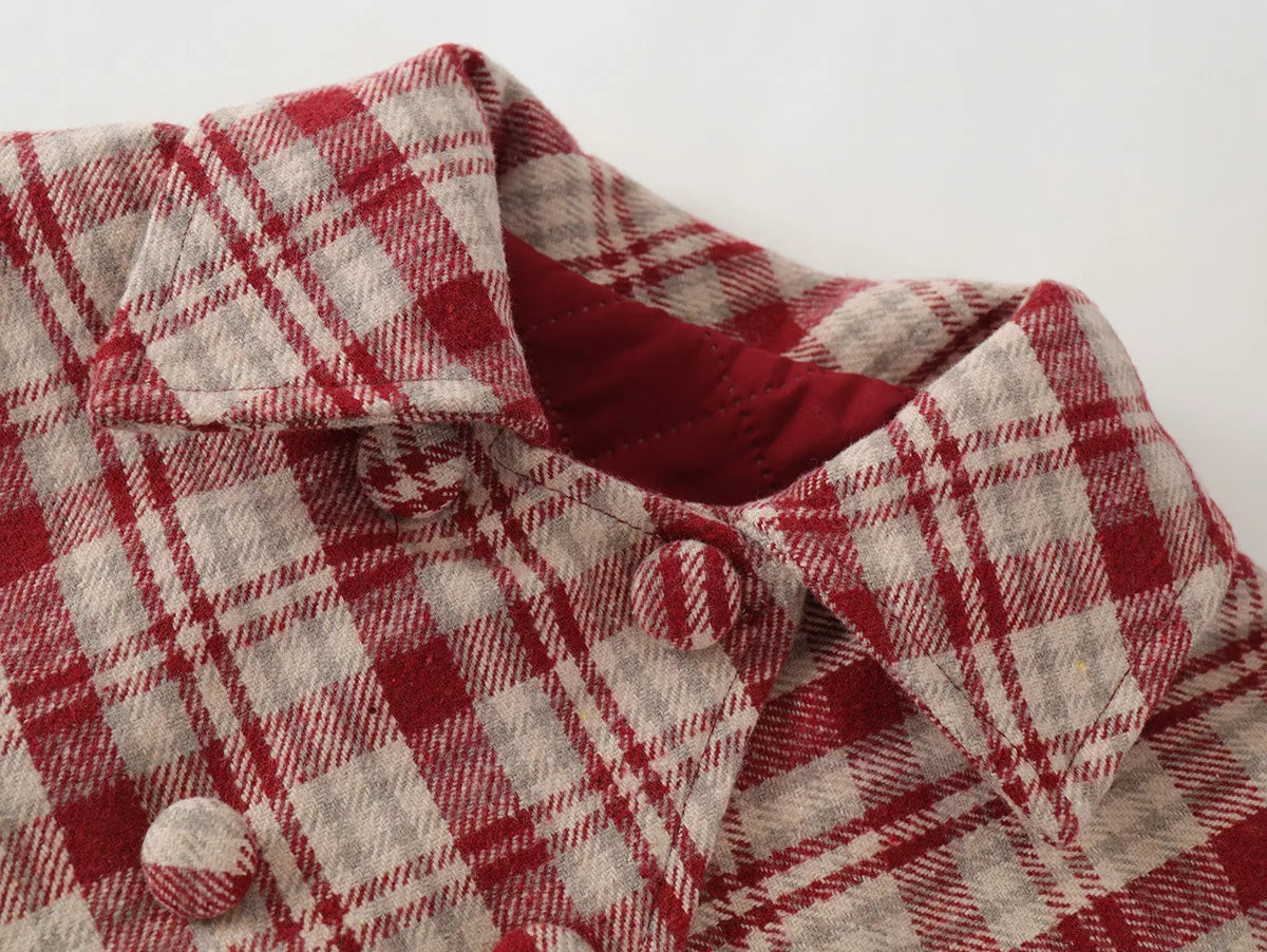 Fashion Children's Clothing Sets 2025 Autumn and Winter New Red Plaid Woolen Suit Girls' Thick Cloak Jacket+ Pleated Skirt