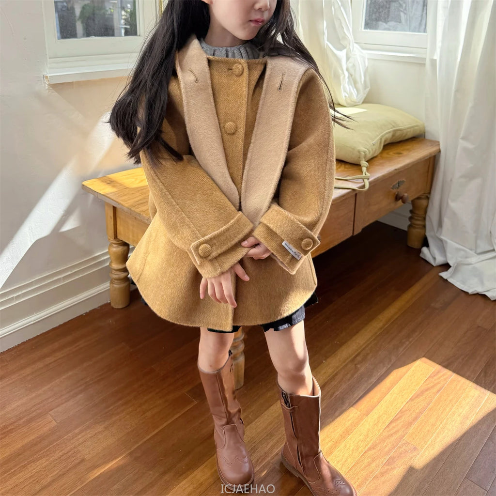 Teen Girl Clothes 2025 Children Wool Double Faced Girls Coat Clothes Kids Herringbone Outerwear Costumes Hooded Cape Handmade