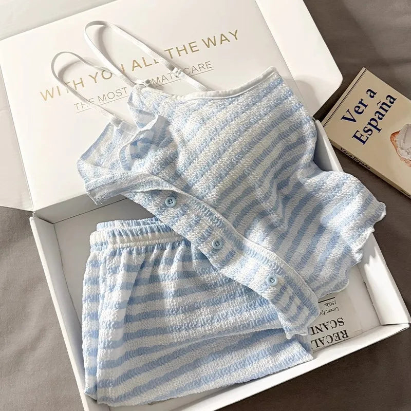 Summer new women's clothing with chest pads, striped suspenders, pajamas, girls, thin vests, shorts, loungewear, two-piece set,