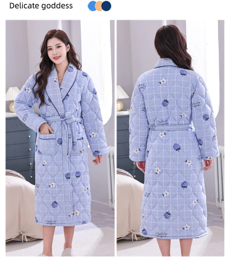 Peignoir Homme Women Robe Winter Warm Cotton Quilted Women's Bathrobe Nightgown Dressing Gown Sleepwear Female Home Clothing