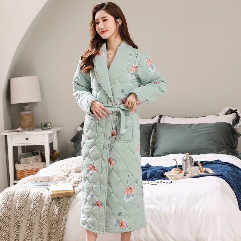 Peignoir Homme Women Robe Winter Warm Cotton Quilted Women's Bathrobe Nightgown Dressing Gown Sleepwear Female Home Clothing