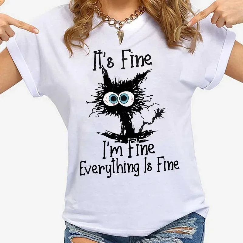 Women Clothes Cat It's Fine I'm Fine Everything Is Fine Print T-shirts Summer Casual  Fashion Personalized Woman Clothing