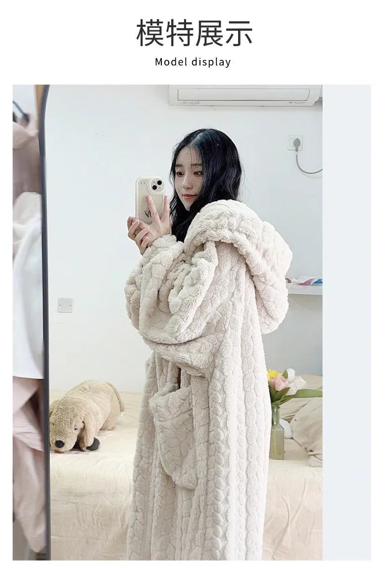 New 2026 Autumn Winter Women's Facecloth Robes Coral Velvet Long Section Cute Sweet Home Wear Lazy Sleeper Robe Pajamas Female