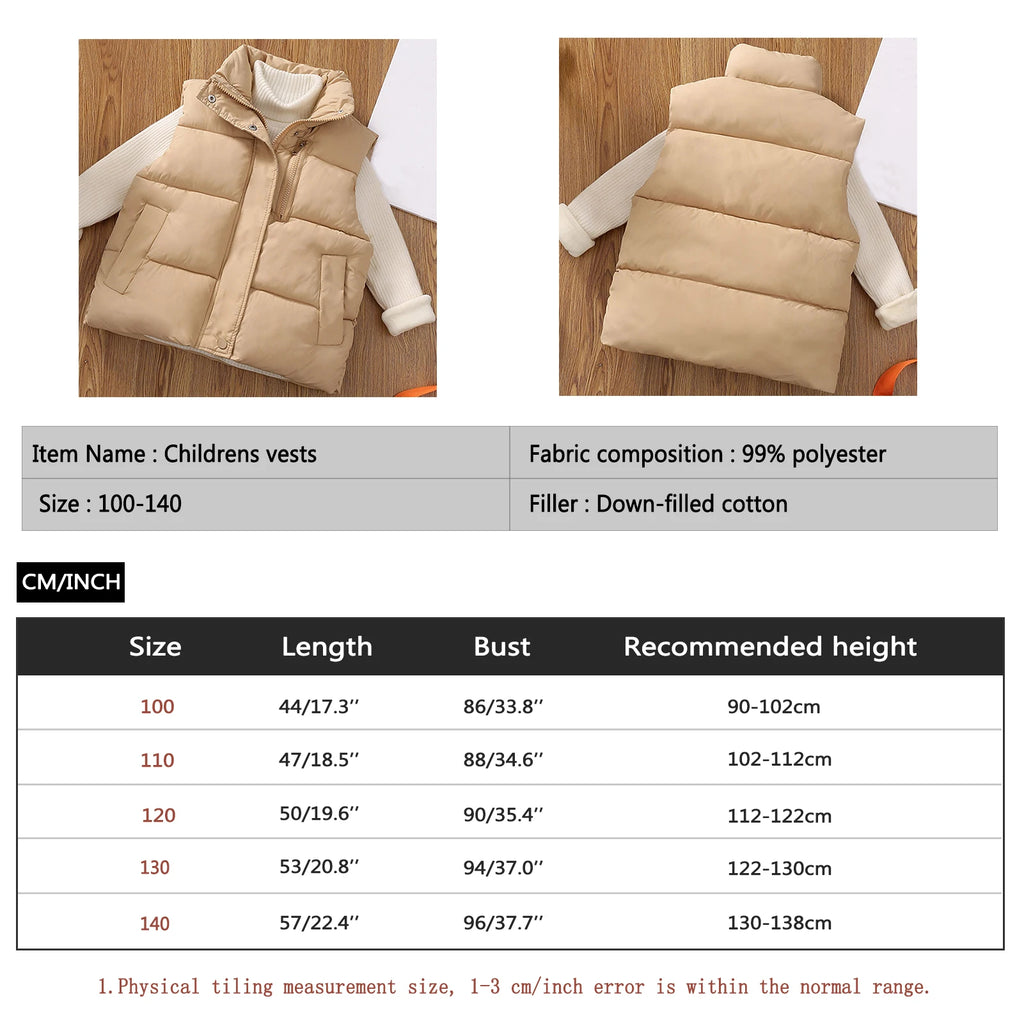 Children's Down Cotton Jacket,Girls Winter Vest,Warm Sleeveless Fleece Boys Waistcoat,Stand Collar Toddlers Quilted Coat